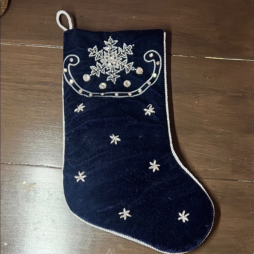 Elegant Navy Blue Holiday Stocking with Silver Accents